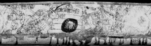 Рис. 1. Развернутое изображение на чаше позднего классического периода (К2912), где показана игра в самом разгаре. Огромным мячом играют напротив ряда больших ступеней. Иероглиф на мяче обозначает одну из форм записи «14 nab». Фото: Джастин Керр.