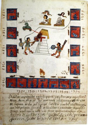 Рис.4. Лист 29r Кодекса Теллериано-Ременсис, где показано разрушение Кольуакана (даты могут быть ошибочными). Ацтеки тогда были на стороне тепанеков.