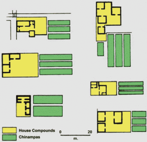 Рис. 15. Дома общинников с чинампами (сельскохозяйственными участками). Скорректировано по Calneck (1972: 112).