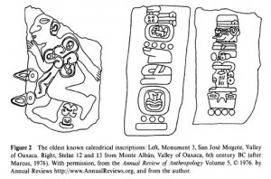 Древнейшие календарные записи: Монумент 3, Сан-Хосе-Моготе (слева); Стелы 12 и 13, Монте-Альбан (справа), 6 в.до н.э.