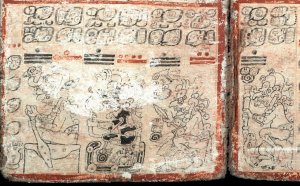 Рисунок 2. Фрагмент страниц 29-30, Дрезденский кодекс. На этих страницах показаны четыре воплощения позднего постклассического майяского божества дождя и грома Чаахка, каждый из которых связан с определённым цветом и стороной света. Слева направо: белый Чаахк в своём каноэ, чёрный Чаахк в сеноте, жёлтый Чаахк стучит по барабану, а красный Чаахк охотится на оленя (скан с оригинала © Sächsische Landesbibliothek, Dresden).