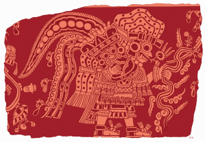 Рисунок 13. Бог грозы из Течинантитлы. Этот пример является в Теотиуакане по существу самым изысканным и сложным изображением определённого олицетворения Бога грозы (зарисовка Николаса Латсанопулоса).