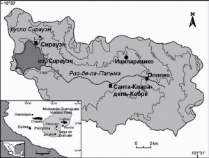 Рисунок 3.5. Расположение Иципарацико в бассейне Сирауэн и в штате Мичоакан. Видоизмененная версия выполнена по  работе Davies и др., 2004, Рис. 1.