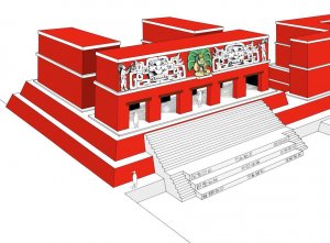 Канкуэн, гипотетическая реконструкция «Сооружения L7-8», иероглифической лестницы и Центрального патио. Прорисовка Л. Луина
