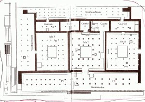Илл. 95. Карта Palacio Quemado в Туле и зарисовка места нахождения туники и диска. Рис. Элизабет Хименес и Фернандо Гетино Гранадос.