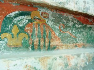 Илл. 5.11. Фрагмент фрески поверх известковой штукатурки (штука) в храме Пернатых раковин. (Фото: David M. Carballo)