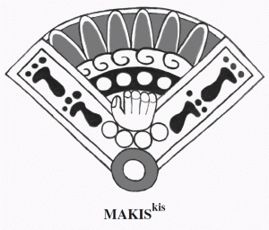 Рис. 2. Иероглиф с отделённой от тела рукой с браслетом (по Séjourné 1956: 179) и его вероятное чтение MAKISkis.