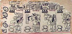 Боги, жертвующие кровью из своих ушей, омывая ею плоды какао. Деталь Мадридского кодекса (стр. 95-96).
