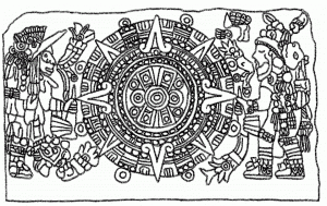 Рисунок 1-9. Солнечный диск с двумя фигурами по бокам, верхняя часть фасада Теокалли Священной Войны (Рисунок Дони Фокса)