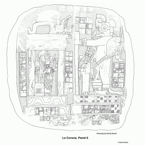 Панель 6 из Ла-Короны («Даласский алтарь»). Прорисовка Д. Стюарта. В иероглифическом тексте на этом монументе изложена история браков местных правителей с дочерями «Священных Канульских Владык»
