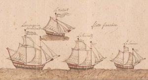 Картина выполнена в 1757г. кистью капитана Пьер Бушар де-ла- Брокури. Корабли (слева направо): «Маркиз де Водре», «Гурон», «Луиза» и «Виктор».