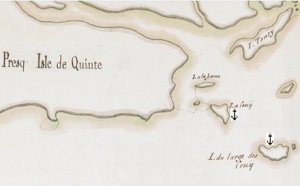 Эпизод карты капитана Пьер Бушар де-ла-Брокури с местами якорных стоянок. Карта, состоящая из трёх листов, была захвачена англичанами на корабле капитана де-ла- Брокури в 1760 году.