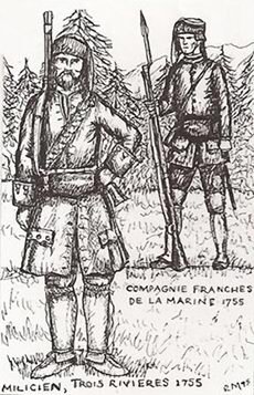 Рисунок Ральфа Митчарда (Ralph Mitchard), ополченец из Труа-Ривьер (Milicien, Trois-Rivieres 1755) и солдат роты морской пехоты в 1755 году (compagne Franches de la Marine 1755)