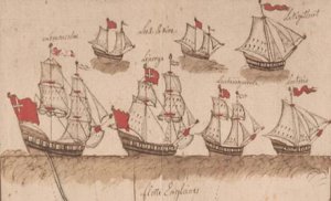 На рисунке изображён английский флот, захваченный французами в Освего 15-го августа 1756 г. Рисунок выполнен Пьер Буше де Ла Брокури (Pierre Boucher de LaBroquerie) в 1757 г. В 1758 картина была захвачена полковником Брэдстрит в Форте Фронтенак.  1-й ряд с лева на право «Галифакс», «Лондон», «Могавк», «Онтарио». 2- й ряд «Освего» и два ялика - «Джордж» и «Шустрый»