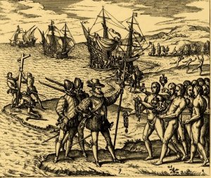 Высадка Христофора Колумба на острове Гуанахани. Гравюра Теодора де Бри из книги «Collectiones peregrinatiorum in Indiam Orientalem et Indiam Occidentalem», 1590.