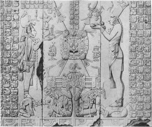 Настенный рельеф из «Храма солнца» в Паленке. Рисунок Фр. Вальдека