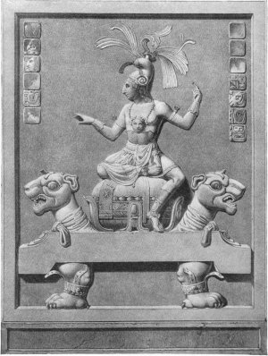 Настенный рельеф из «Храма прекрасного рельефа» в Паленке. Рисунок Фр. Вальдека