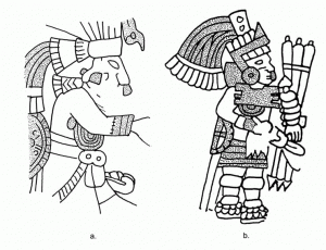 Илл. 8. Раннеклассические зарисовки тольтекского воина в Чичен-Ице и Центральной Мексике (точечным пунктиром показаны области бирюзового цвета)
