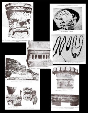 Илл. 5. Выборка ацтекских артефактов, обнаруженных во время раскопок Акосты. Вверху слева: ацтекская жаровня с «плачущим Тлалоком», пирамиды С (Acosta 1956b:110 Lam.52). Вверху справа: керамические, жадеитовые и алебастровые ожерелья, пирамида С (Acosta 1956b:87, Lam. 34 and 35). Внизу справа: жаровня и куаушикалли (чаша для жертвенных человеческих сердец), Palacio Quemado (Acosta 1956b:76, Lam.25 and 26). Внизу слева: ацтекский алтарь и жаровня, пирамида С (Acosta 1956b:109, Lam.50 and 51). По центру: maqueta, Palacio Quemado (Acosta 1956b:73, Lam. 24)