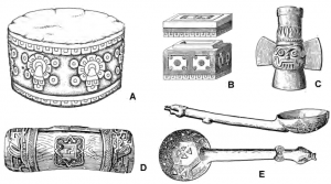 Рис. 3. Большие культовые объекты. А – жертвенный алтарь; B – каменный ящик; C – керамическая жаровня с изображением Тлалока; D – деревянный барабан с прорезью; E – керамическая курильница. Предмет А 71 см. в диаметре. У остальных предметов приблизительно соблюден масштаб в сравнении с первым по списку предметом.