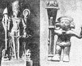 Рис. 12. Справа — глиняная фигурка из Альгарадо (Мексика); слева — изображение бога Вишну (Индия). Диффузионисты считают, что в обоих случаях изображено одно божество