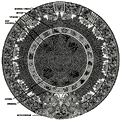 Круглый камень, богато украшенный резьбой - одно из самых внушительных и значительных произведений ацтекской культуры. 1,2 м. в ширину, 3,6 м. в диаметре, весом 24 тонны. Обнаружен под центральной площадью Мехико в 1790 году, назван календарным. Резные глифы и изображения представляют общемировые события, указывают не только на прошлое, но и на то, что ожидает Вселенную в будущем ||| 124Kb