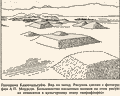 Панорама Каминальгуйю. Вид на запад. Рисунок сделан с фотографии А.П.Моудсли. Большинство насыпных холмов на этом рисунке относятся к культурному этапу 'мирафлорес'. Майя. ||| 37Kb