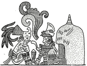 Тольтек и майя у хижины. Деталь фрески в здании 2D-1 (Верхний храм ягуаров). Чич'ен-Ица.