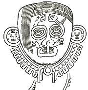 Голова атланта с чертами Тлалока. Здание 2D-1 (Beрхний храм ягуаров). Чичен-Ица.