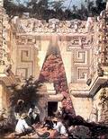 Литография с другого рисунка Казервуда изображает индейцев, устроившихся на отдых перед огромными, высотой в шесть метров, каменными воротами, ведущими во 'Дворец правителя' в Ушмале — одном из центров культуры майя на территории Юкатана. Над аркой и по обе стороны от нее видны резные каменные маски бога дождя Чака с характерным крючковатым носом.