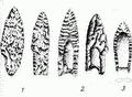Желобчатые наконечники палеоинейской эпохи с территории Северной Америки: 1 - наконечник типа Сандиа; 2 - наконечник типа Кловис; 3 - наконечник типа Фолсом ||| 41,3Kb
