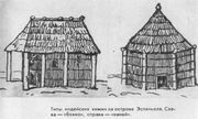 Типы индейских хижин на острове Эспаньоле. Слева - бохио, справа - каней.