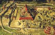 Реконструкция главной площади Дос-Пиласа во времена упадка города. Оставшиеся жители использовали каменную кладку дворцов и пирамид для сооружения двойной оборонительной стены вокруг своего поселения.