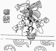 Портрет К’инич-Кан-Балама I на саркофаге Пакаля: (а) прорисовка Мерл-Грин-Робертсон (1983, рис. 191); (b) фотография Мерл-Грин-Робертсон (1983, рис. 192); крупный план фотографии