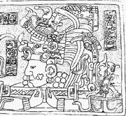 Притолока 4 из Здания 6 в Бонампаке с отдельными иероглифами слева (прорисовка Яна Грэхэма)
