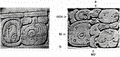 Иероглифы на торце крышки саркофага в Храме Надписей: (а) дата 5 Кабан 5 Мак (иероглиф 16); (b) имя Акаль-Мо’-Наба (иероглиф 17) (фотографии Робертсон 1983).