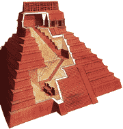 «Храм Надписей» в разрезе – прорисована лестница, ведущая из святилища на вершине пирамиды к гробнице царя