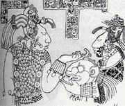 Притолока 26 из Йашчилана. Прорисовка И. Грэхэма. «Священный Па’чанский Владыка» Ицамкокаах-Бахлам ІІІ изображен вместе со своей женой Иш-К’абаль-Шоок.