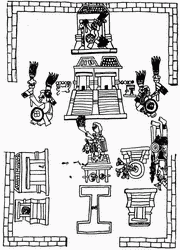 Изображение комплекса Главного храма Теночтитлана (Бернардино де Саагун, Кодекс Матриненсе, XVI в.)