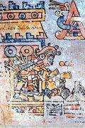 В 1067 году н.э. представитель миштекской знати 4 Ветер Огненная Змея (a) совершил путешествие в Тулу (землю Кецалькоатля) для получения знаков отличия, необходимых для воцарения. Владыка 4 Тигр (b), правитель и жрец Тулы, проткнул его носовой хрящ и затем вставил туда носовое кольцо, важный символ власти. Кодекс Becker, стр.15. ||| 83Kb