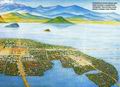 Современная реконструкция даёт представление о совершенной планировке Теночтитлана, возведённого посреди озера Тескоко. ||| 141Kb