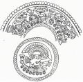 Рис. 3. Вставка в мочку уха из позолоченного серебра с изображением мифический рыбной ловли (круговой фриз) и птицы в полулунном уборе, стоящей в лодке (в центре). Культура ламбайеке-чиму, происхождение неизвестно. Фрагмент изображения (Arte аntiguo del Peru.—Revista del Museo National, 1933, t. 2, № 2, lam.VII, p. 180) ||| 42Kb