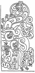 Рис. 4. Кошачий бог с украшениями в виде змеиных голов. Гравировка на каменном фризе в Чавине. Длина 3 фута и 3 дюйма. (По данным Беннетта.) ||| 42Kb