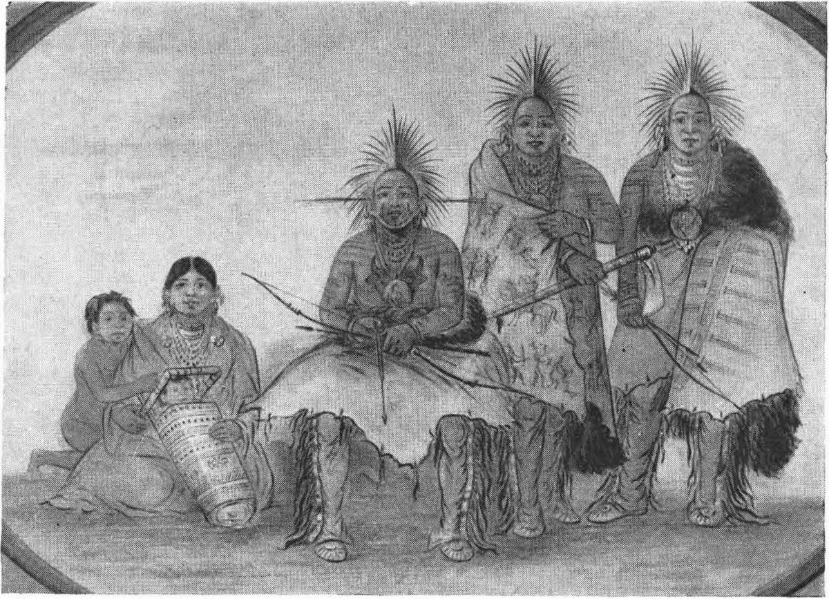 Собрание индейцев. Картинка вождя индейцев на собрании. Drawing by George Catlin - Warriors in Council.