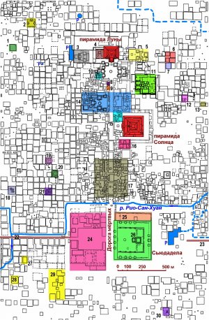 Карта центральной части Теотиуакана  (по адаптированной карте R. Millon из S. G. Morton, M. M. Peuramaki-Brown, P. C. Dawson, J. D. Seibert «Civic and Household Community Relationships at Teotihuacan, Mexico: a Space Syntax Approach», 2012)