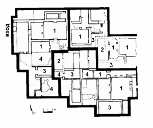 Карта Остойауалько 15В:N6W3 и предназначение комнат: 1) для ритуалов; 2) спальня; 3) для приготовления и потребления пищи; 4) для хранения (по L. Manzanilla «Corporate Groups and Domestic Activities at Teotihuacan», 1996)