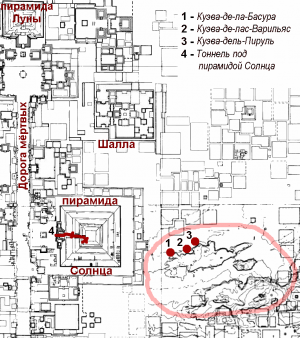 Пирамида Солнца, расположение тоннеля под ней и рукотворных пещер рядом (по L. Manzanilla «Teotihuacán: Underworld Study», 1996 и адаптированной карте R. Millon из J. Nielsen, C. Helmke «Spearthrower Owl Hill…», 2008)