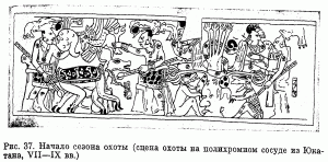 Рис. 37 Начало сезона охоты (сцена охоты на полихромном сосуде из Юкатана, VII-IX вв.)