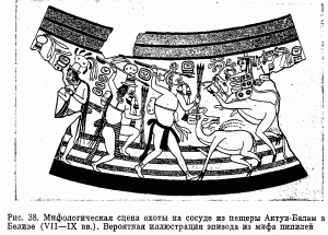 Рис. 38. Мифологическая сцена охоты на сосуде из пещеры Актун-Балам в Белизе (VII—IX вв.). Вероятная иллюстрация эпизода из мифа пипилей
