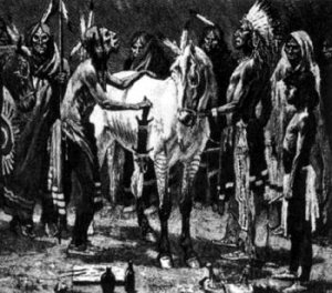 Шаман готовит коня к сражению. Рисунок Ф. Ремингтона